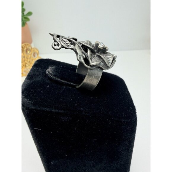 Vtg Art Nouveau Statement Ring Large Silver Leaves Rhinestone Runway Sz 6 - Picture 4 of 10